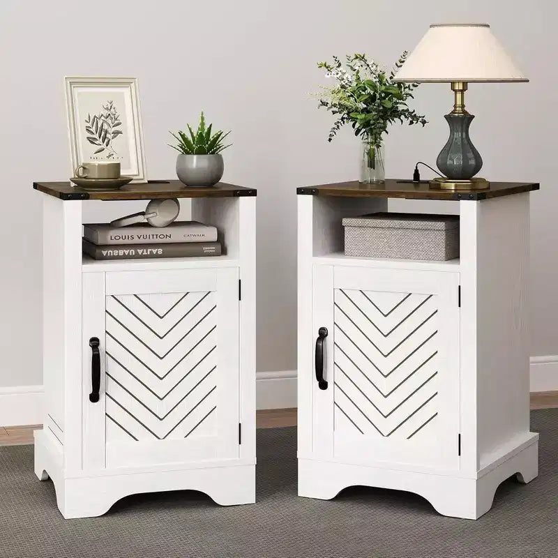 RoyalCraft Farmhouse Nightstand with Charging Station, Rustic End Table with Shelf & Storage for Bedroom or Home Office, Set of 2, White & Rustic Oak