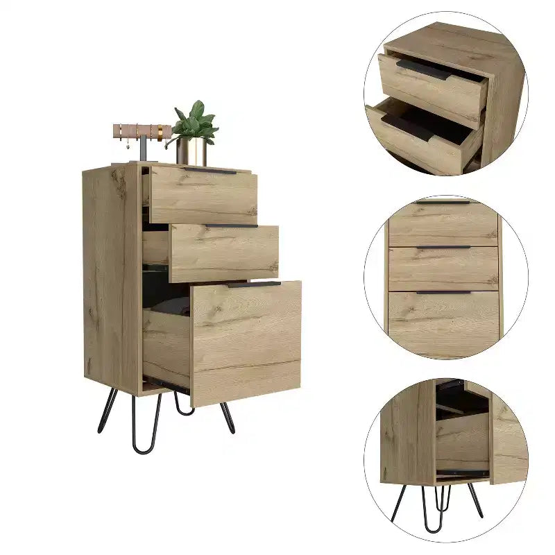 Okak 3-Drawer Dresser Organized Storage, Robust Steel Legs, Sleek Compact Design with Durable Top for Home/Office