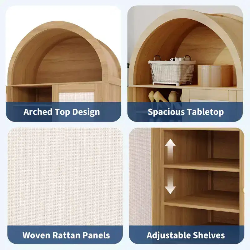 47'' Modern Arched Sideboard Buffet Cabinet w/Storage Freestanding Kitchen Pantry Cabinet with Rattan Doors for Living Room, Dining Room, Hallway