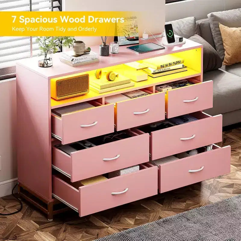 Wooden Modern 7 Drawers Long Dresser with Charging Station and Led Lights Design, Wide Dresser for Living Room, Hallway