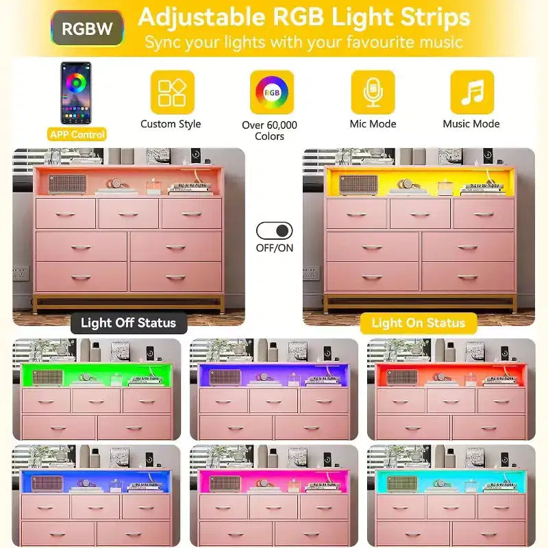 Wooden Modern 7 Drawers Long Dresser with Charging Station and Led Lights Design, Wide Dresser for Living Room, Hallway