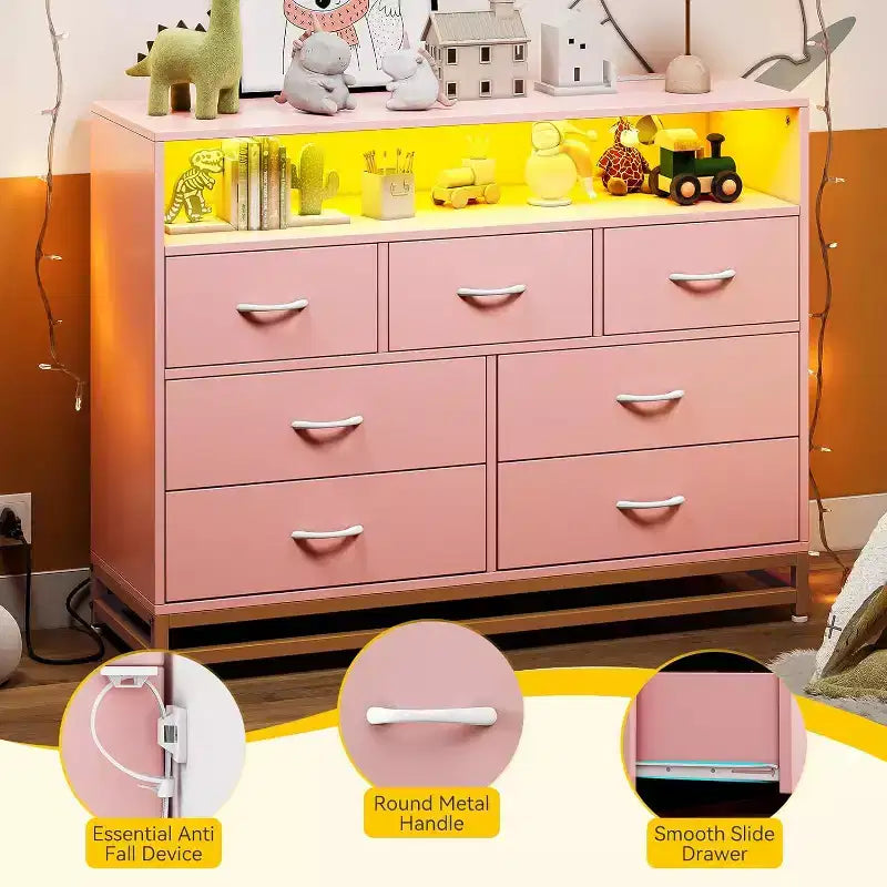 Wooden Modern 7 Drawers Long Dresser with Charging Station and Led Lights Design, Wide Dresser for Living Room, Hallway