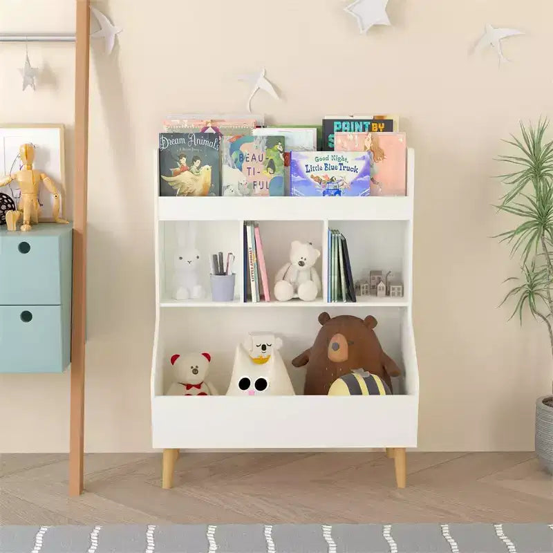 Kids Bookshelf, Toy Storage Cubby with Toy Storage Bin, 3 Storage Compartments and 2-Tier Open Shelves, Rounded Design for Playroom Kindergarten