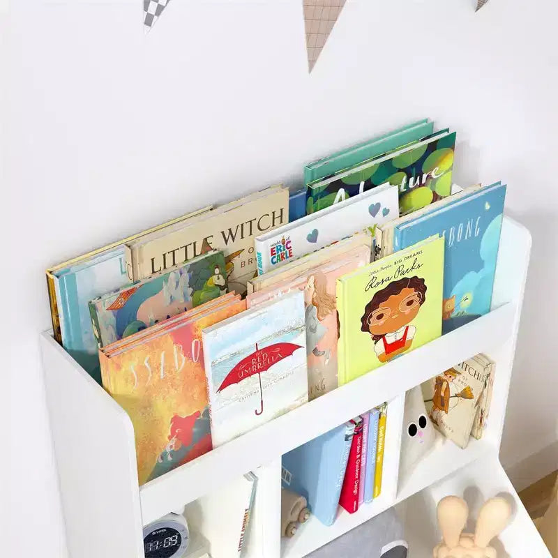 Kids Bookshelf, Toy Storage Cubby with Toy Storage Bin, 3 Storage Compartments and 2-Tier Open Shelves, Rounded Design for Playroom Kindergarten