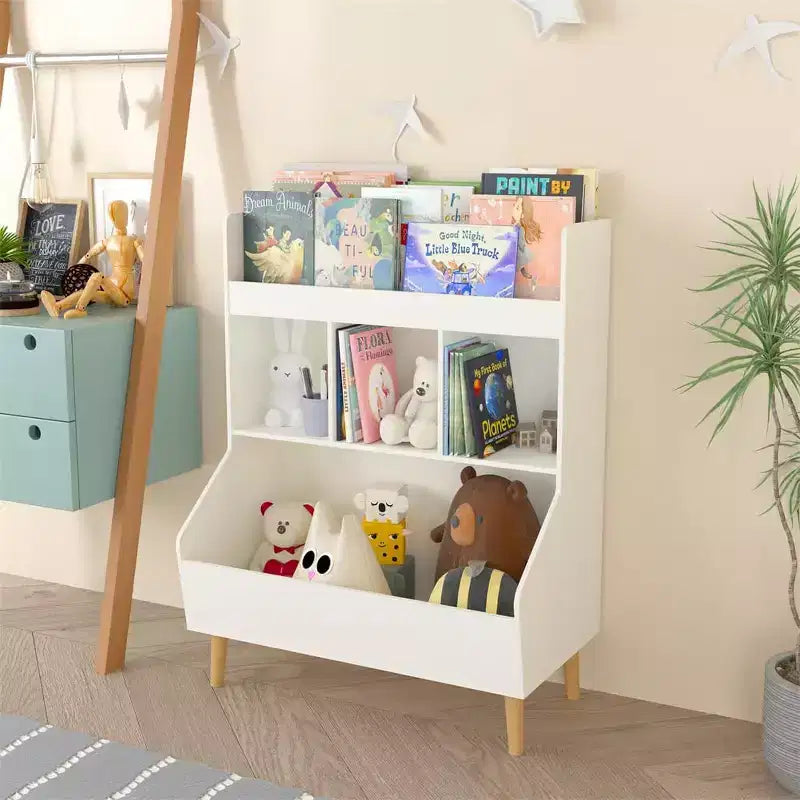 Kids Bookshelf, Toy Storage Cubby with Toy Storage Bin, 3 Storage Compartments and 2-Tier Open Shelves, Rounded Design for Playroom Kindergarten