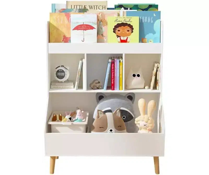 Kids Bookshelf, Toy Storage Cubby with Toy Storage Bin, 3 Storage Compartments and 2-Tier Open Shelves, Rounded Design for Playroom Kindergarten