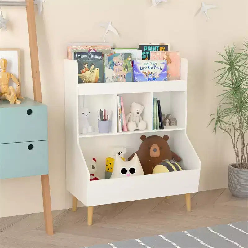Kids Bookshelf, Toy Storage Cubby with Toy Storage Bin, 3 Storage Compartments and 2-Tier Open Shelves, Rounded Design for Playroom Kindergarten
