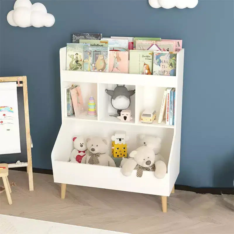 Kids Bookshelf, Toy Storage Cubby with Toy Storage Bin, 3 Storage Compartments and 2-Tier Open Shelves, Rounded Design for Playroom Kindergarten