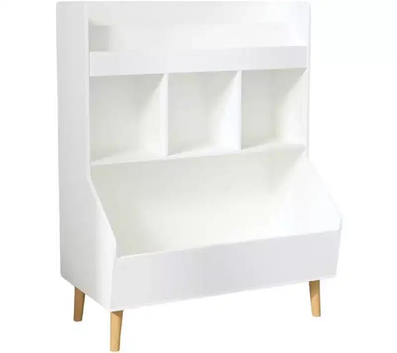 Kids Bookshelf, Toy Storage Cubby with Toy Storage Bin, 3 Storage Compartments and 2-Tier Open Shelves, Rounded Design for Playroom Kindergarten