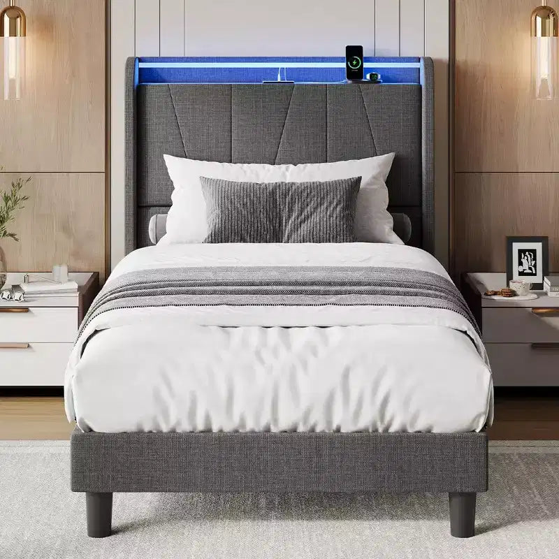 Bed Frame with LED Lights and Charging Station, Fabric Upholstered Platform Full Bed Frame with Headboard, No Box Spring Needed, Gray