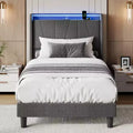 Bed Frame with LED Lights and Charging Station, Fabric Upholstered Platform Full Bed Frame with Headboard, No Box Spring Needed, Gray