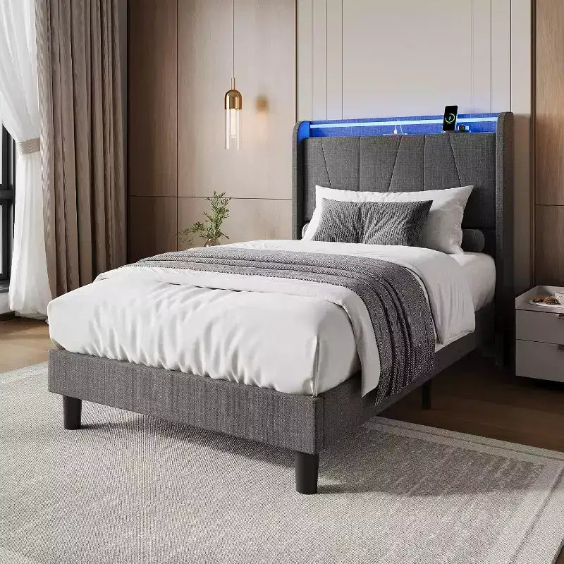 Bed Frame with LED Lights and Charging Station, Fabric Upholstered Platform Full Bed Frame with Headboard, No Box Spring Needed, Gray