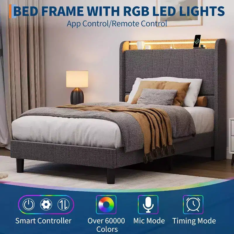 Bed Frame with LED Lights and Charging Station, Fabric Upholstered Platform Full Bed Frame with Headboard, No Box Spring Needed, Gray