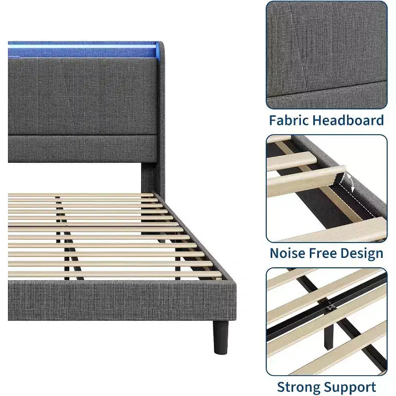 Bed Frame with LED Lights and Charging Station, Fabric Upholstered Platform Full Bed Frame with Headboard, No Box Spring Needed, Gray