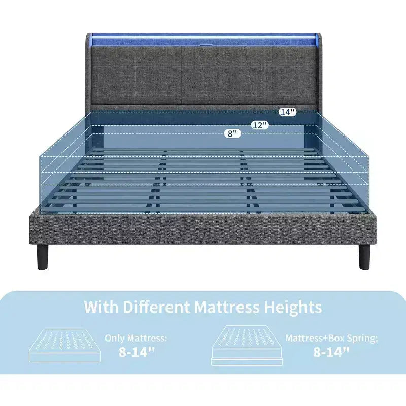Bed Frame with LED Lights and Charging Station, Fabric Upholstered Platform Full Bed Frame with Headboard, No Box Spring Needed, Gray