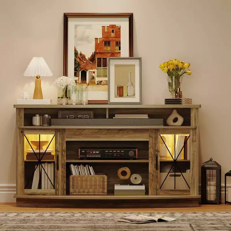 GustoWave Farmhouse TV Stand with Storage Cabinets, LED Entertainment Center for up to 65 Inch TVs, Retro Gray