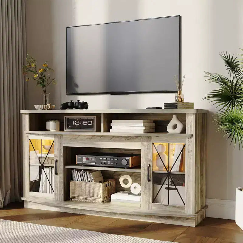 GustoWave Farmhouse TV Stand with Storage Cabinets, LED Entertainment Center for up to 65 Inch TVs, Retro Gray