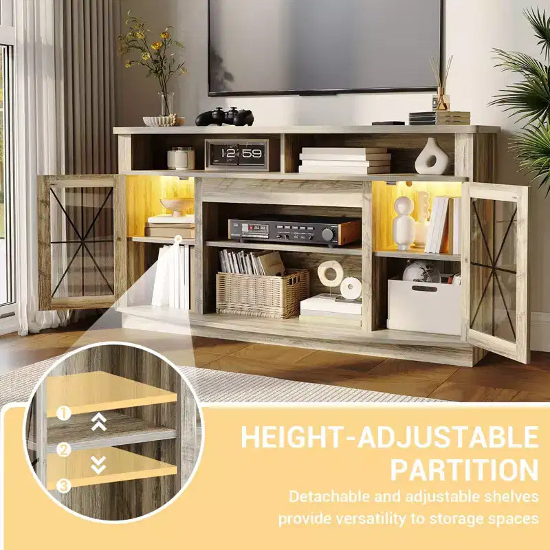 GustoWave Farmhouse TV Stand with Storage Cabinets, LED Entertainment Center for up to 65 Inch TVs, Retro Gray