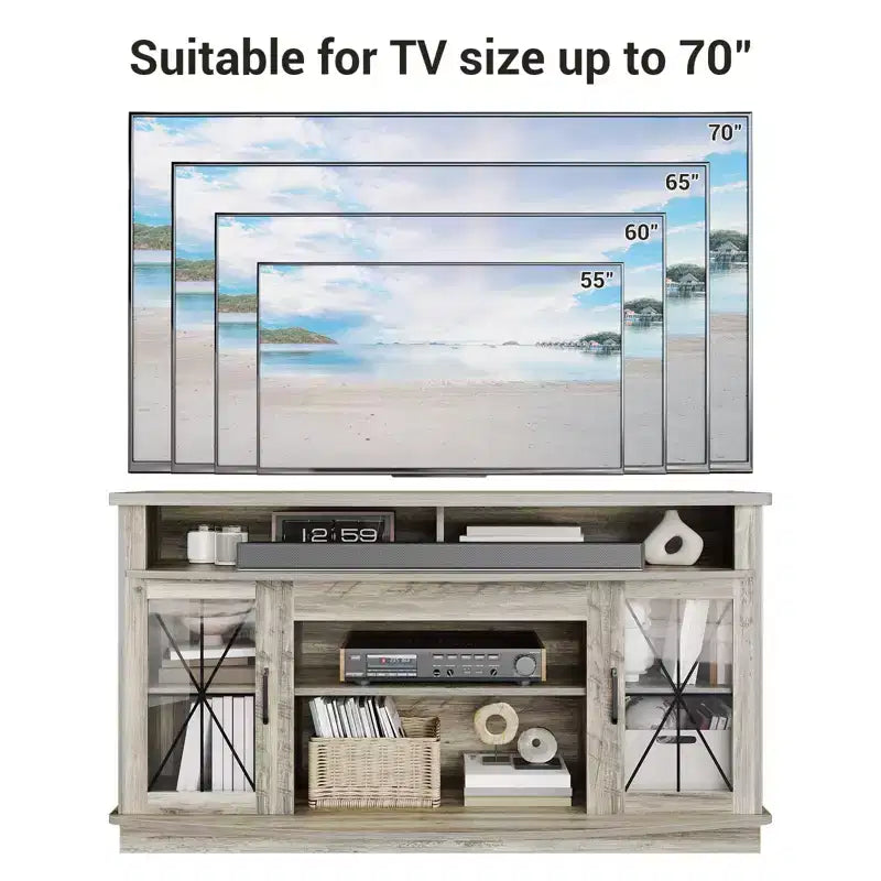 GustoWave Farmhouse TV Stand with Storage Cabinets, LED Entertainment Center for up to 65 Inch TVs, Retro Gray