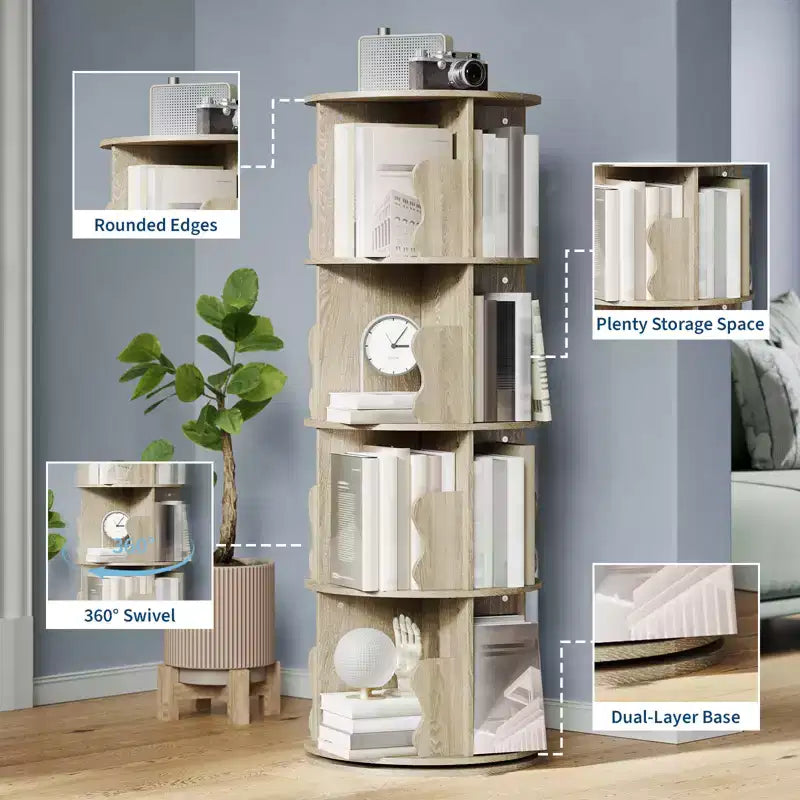 4 Tier Rotating Bookshelf Tower for Small Spaces, Revolving 360 Bookcase Storage Rack Tower, Vertical Rotate Turning Spiral Wood BookShelf Organizer