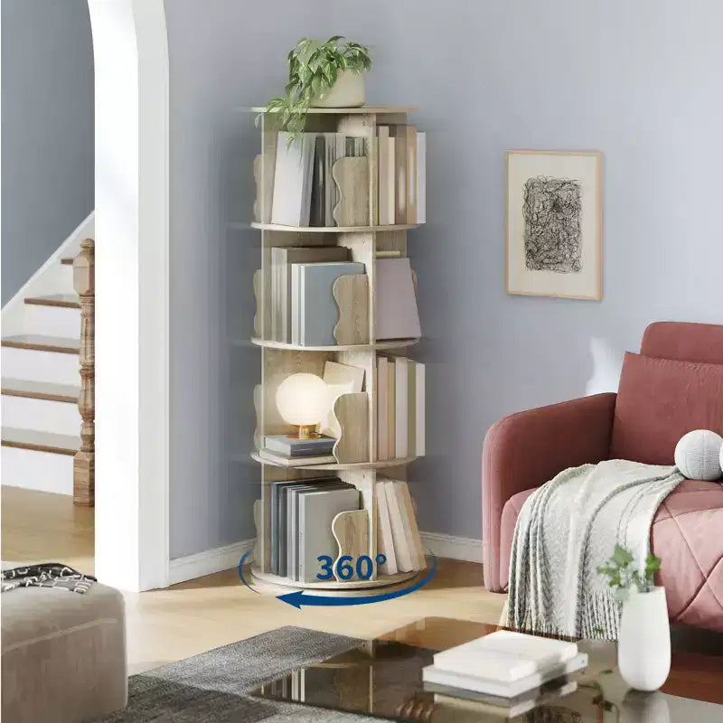 4 Tier Rotating Bookshelf Tower for Small Spaces, Revolving 360 Bookcase Storage Rack Tower, Vertical Rotate Turning Spiral Wood BookShelf Organizer