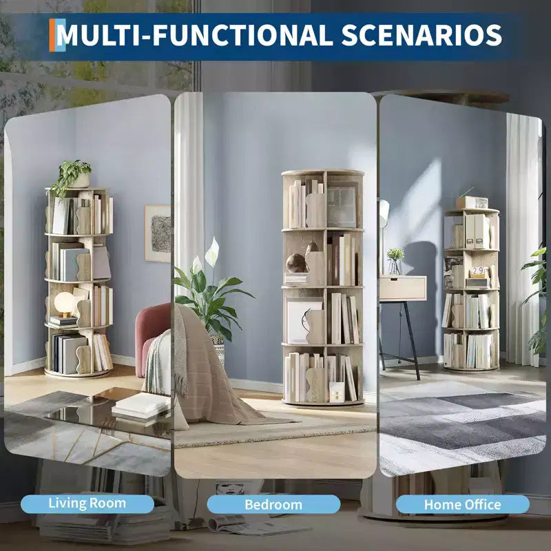 4 Tier Rotating Bookshelf Tower for Small Spaces, Revolving 360 Bookcase Storage Rack Tower, Vertical Rotate Turning Spiral Wood BookShelf Organizer