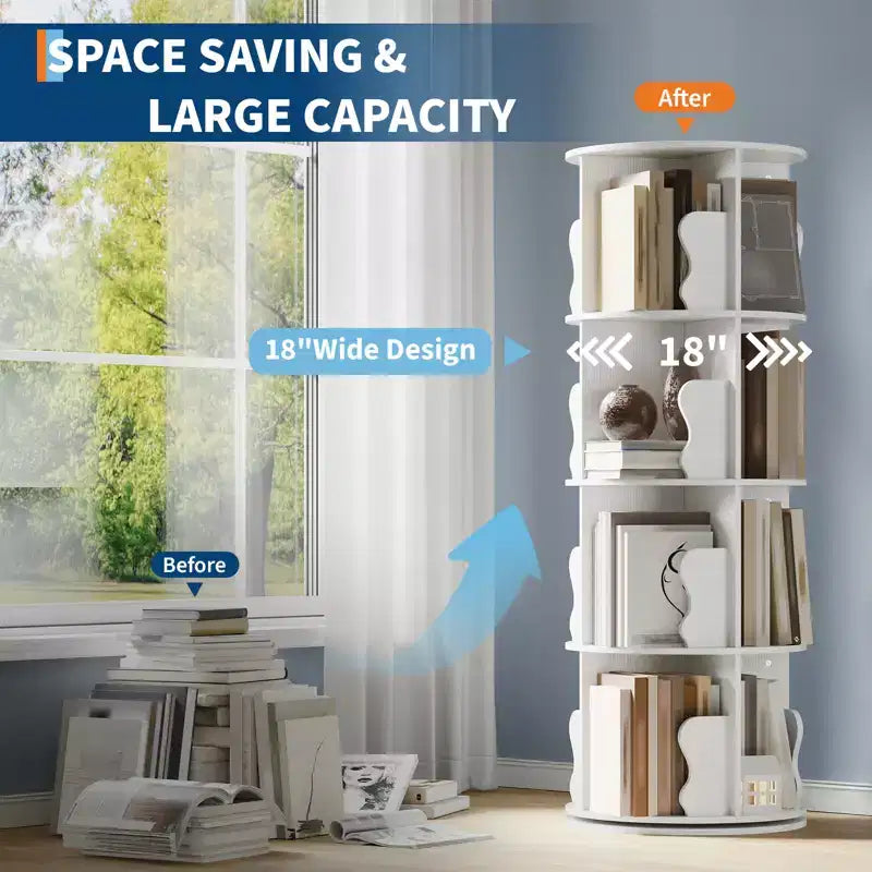 4 Tier Rotating Bookshelf Tower for Small Spaces, Revolving 360 Bookcase Storage Rack Tower, Vertical Rotate Turning Spiral Wood BookShelf Organizer