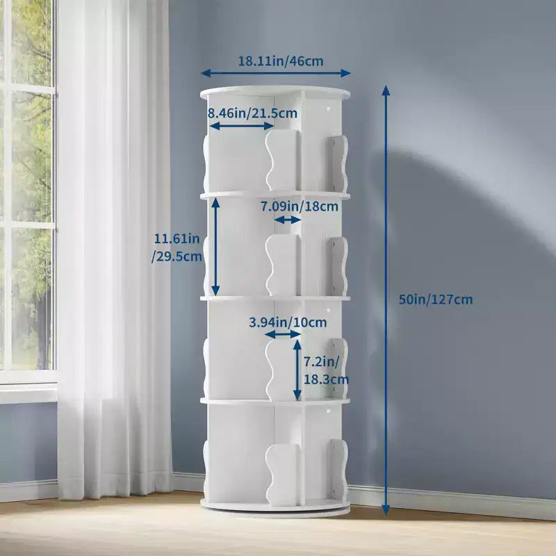 4 Tier Rotating Bookshelf Tower for Small Spaces, Revolving 360 Bookcase Storage Rack Tower, Vertical Rotate Turning Spiral Wood BookShelf Organizer