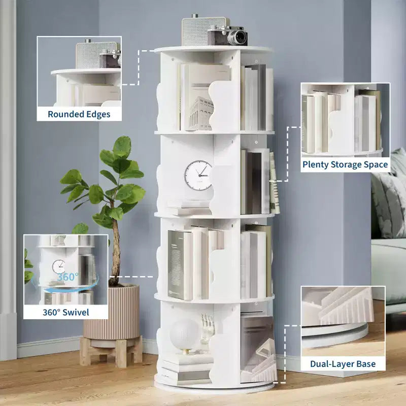 4 Tier Rotating Bookshelf Tower for Small Spaces, Revolving 360 Bookcase Storage Rack Tower, Vertical Rotate Turning Spiral Wood BookShelf Organizer