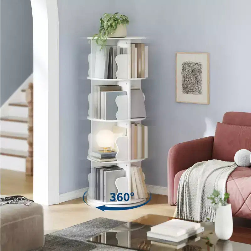 4 Tier Rotating Bookshelf Tower for Small Spaces, Revolving 360 Bookcase Storage Rack Tower, Vertical Rotate Turning Spiral Wood BookShelf Organizer