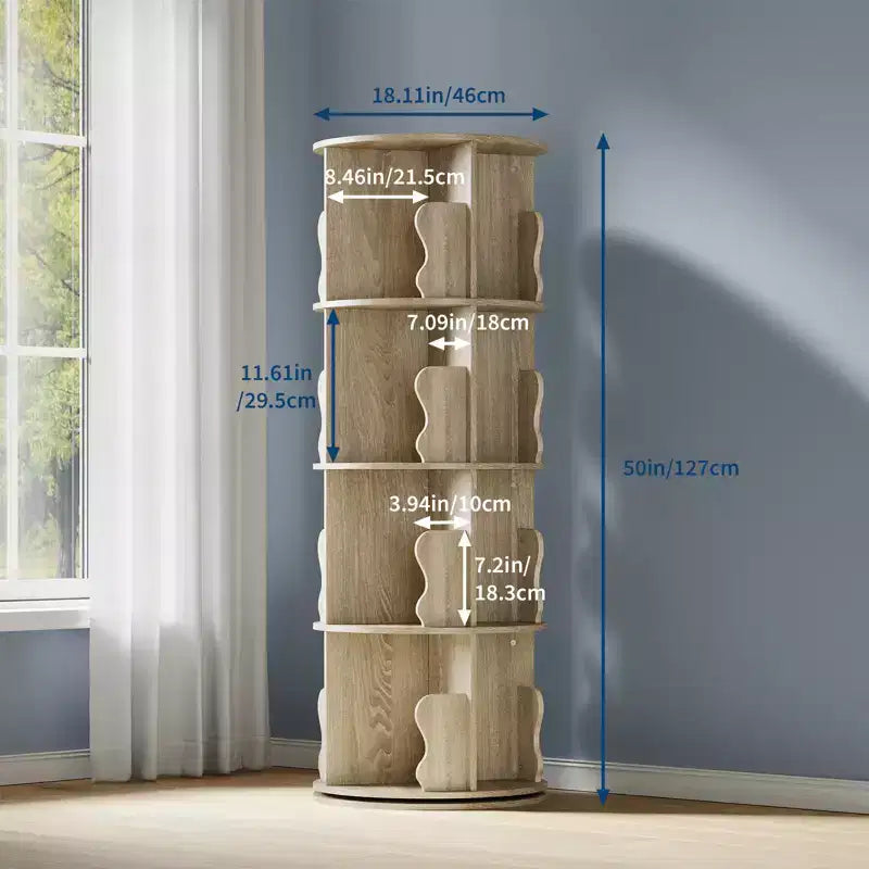 4 Tier Rotating Bookshelf Tower for Small Spaces, Revolving 360 Bookcase Storage Rack Tower, Vertical Rotate Turning Spiral Wood BookShelf Organizer