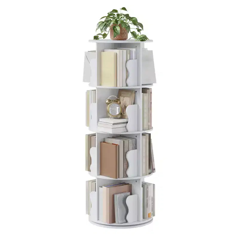 4 Tier Rotating Bookshelf Tower for Small Spaces, Revolving 360 Bookcase Storage Rack Tower, Vertical Rotate Turning Spiral Wood BookShelf Organizer