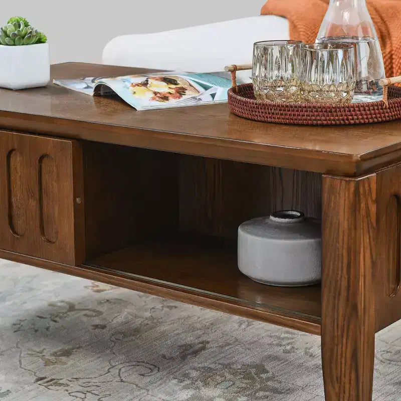 GDFStudio Maloch Mid-Century Modern Wooden Fluted Storage Coffee Table with Sliding Door