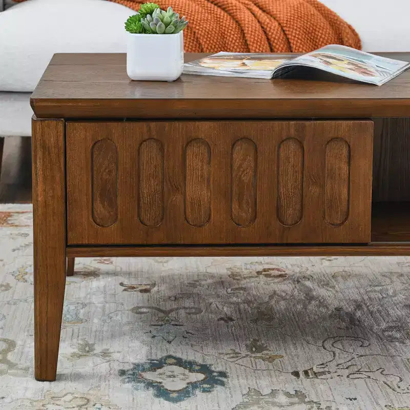 GDFStudio Maloch Mid-Century Modern Wooden Fluted Storage Coffee Table with Sliding Door