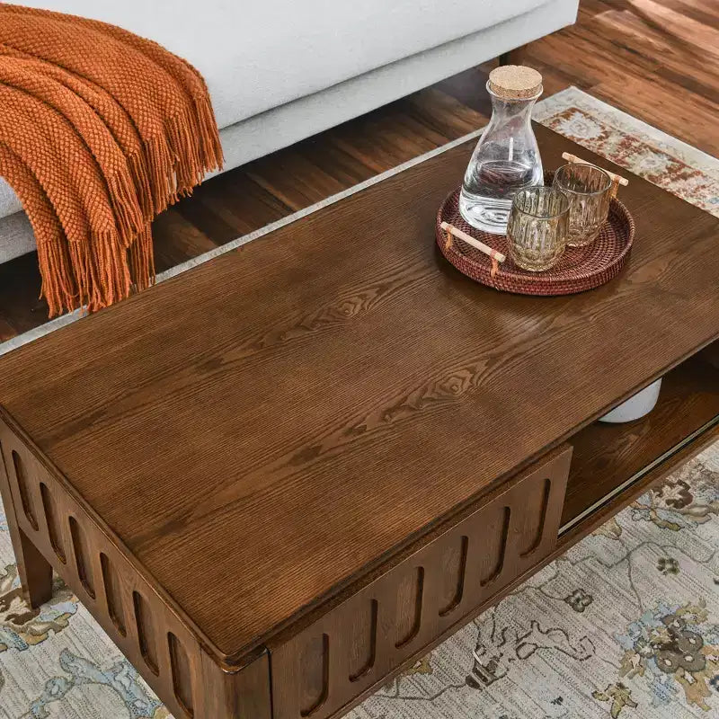 GDFStudio Maloch Mid-Century Modern Wooden Fluted Storage Coffee Table with Sliding Door