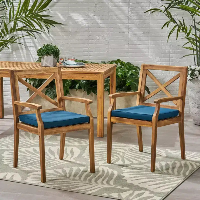 MAYEERTY Set of 2 Outdoor Dining Chairs With 2 Blue Cushions for Backyard Poolside Garden