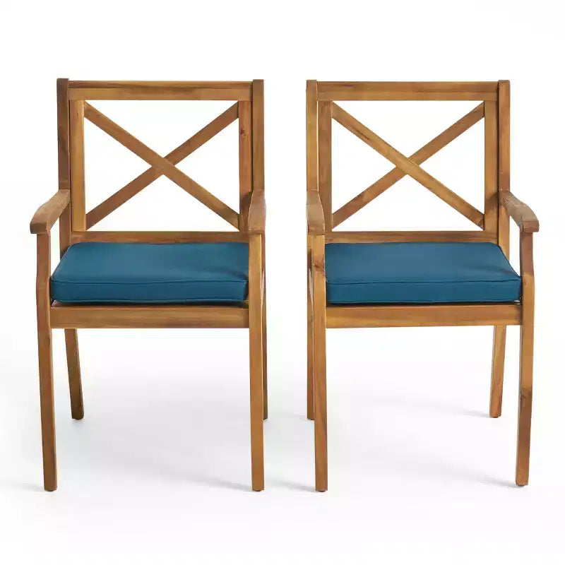 MAYEERTY Set of 2 Outdoor Dining Chairs With 2 Blue Cushions for Backyard Poolside Garden