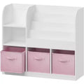Kids Toy Storage Organizer with 3 Foldable Fabric Drawers, Wooden Open Shelf Bookcase with Storage Cubbies for Home Playroom, Hallway & Kindergarten
