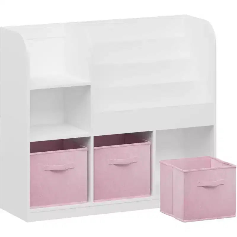 Kids Toy Storage Organizer with 3 Foldable Fabric Drawers, Wooden Open Shelf Bookcase with Storage Cubbies for Home Playroom, Hallway & Kindergarten