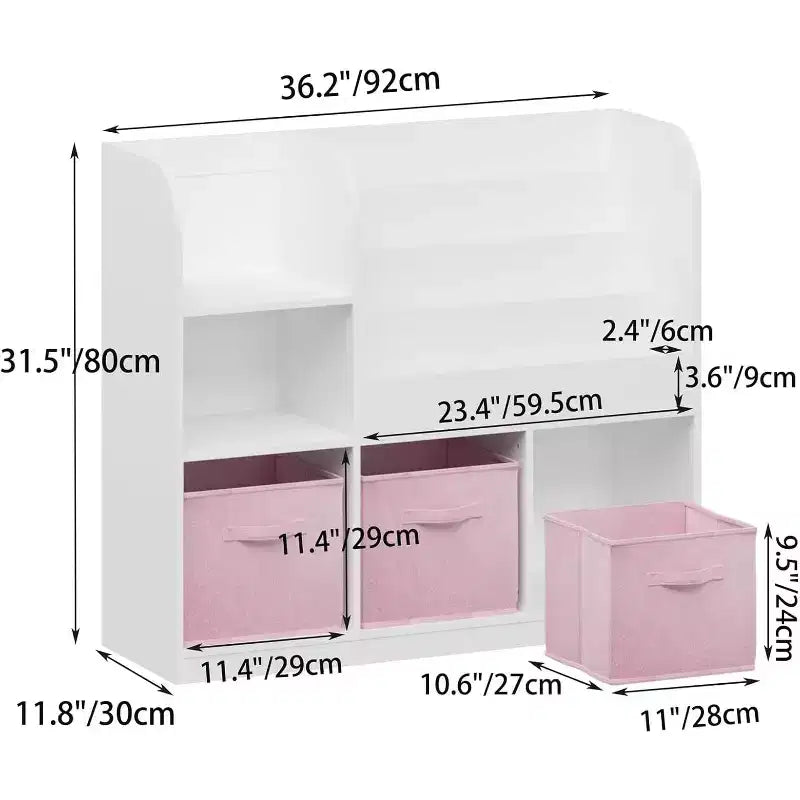 Kids Toy Storage Organizer with 3 Foldable Fabric Drawers, Wooden Open Shelf Bookcase with Storage Cubbies for Home Playroom, Hallway & Kindergarten