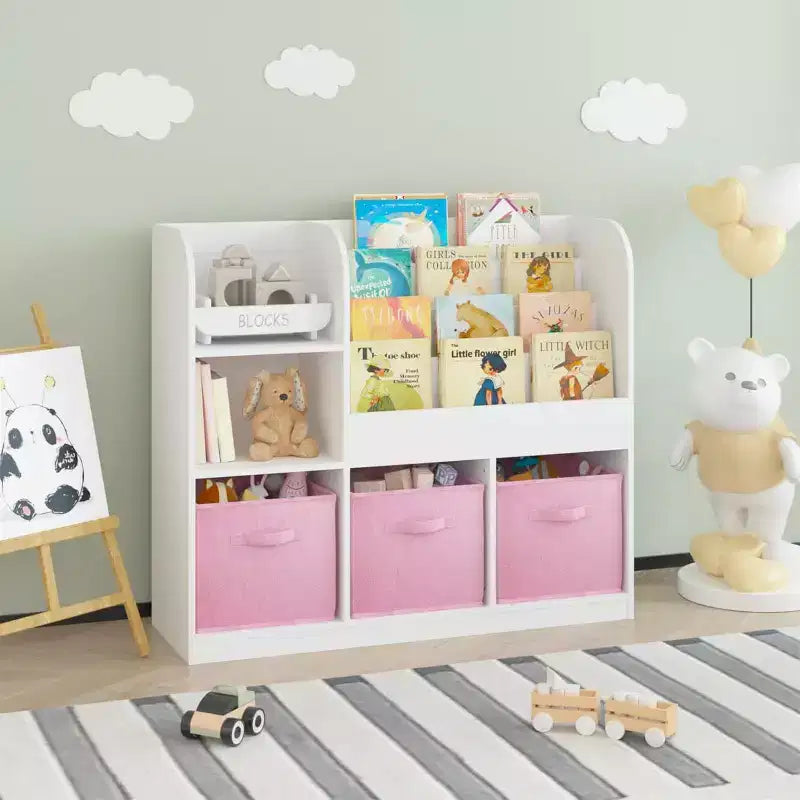 Kids Toy Storage Organizer with 3 Foldable Fabric Drawers, Wooden Open Shelf Bookcase with Storage Cubbies for Home Playroom, Hallway & Kindergarten