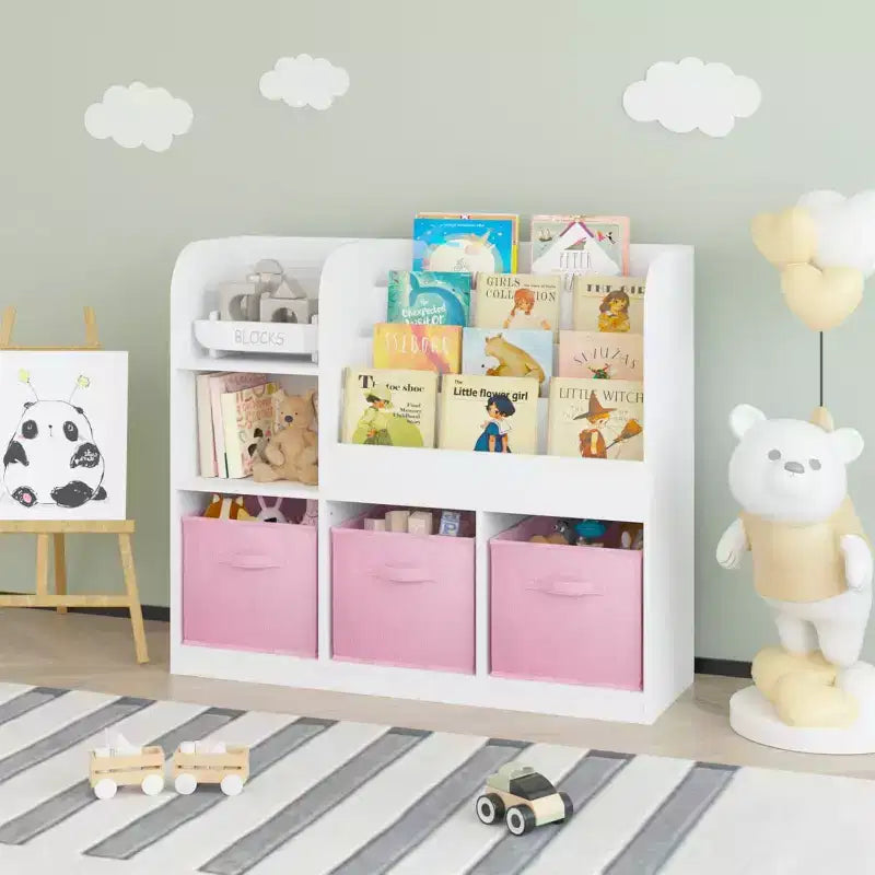 Kids Toy Storage Organizer with 3 Foldable Fabric Drawers, Wooden Open Shelf Bookcase with Storage Cubbies for Home Playroom, Hallway & Kindergarten