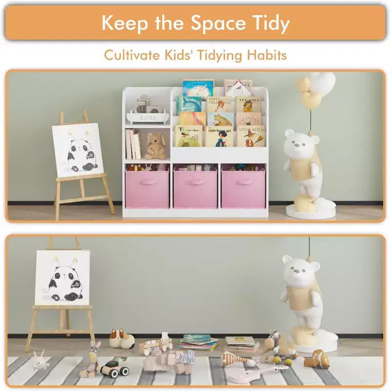 Kids Toy Storage Organizer with 3 Foldable Fabric Drawers, Wooden Open Shelf Bookcase with Storage Cubbies for Home Playroom, Hallway & Kindergarten