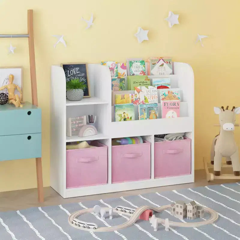 Kids Toy Storage Organizer with 3 Foldable Fabric Drawers, Wooden Open Shelf Bookcase with Storage Cubbies for Home Playroom, Hallway & Kindergarten