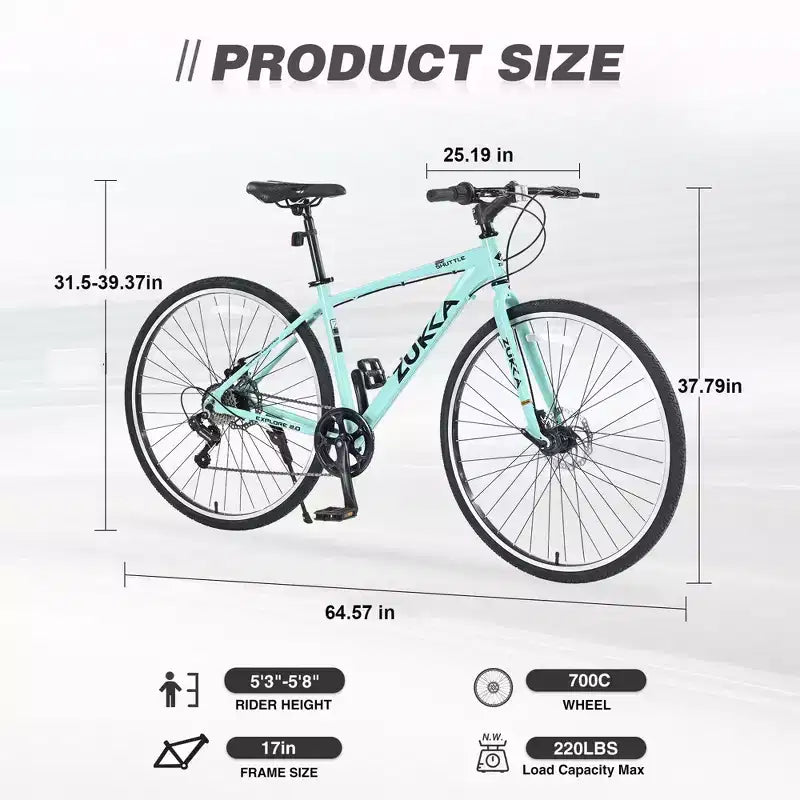 NAYSAYE Bicycle 7 Speed Hybrid Bike Aluminum Frame Double Disc Brakes for City Adventures, Green, 64.57*25.19*37.79