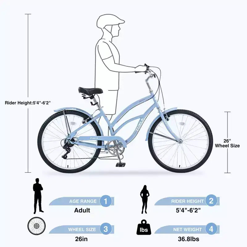 NAYSAYE Bicycle 7 Speed 26 Inch Beach Cruiser Bike Steel Frame for Women for Comfortable Rides, Light Blue, 69.96*28.32*43.2