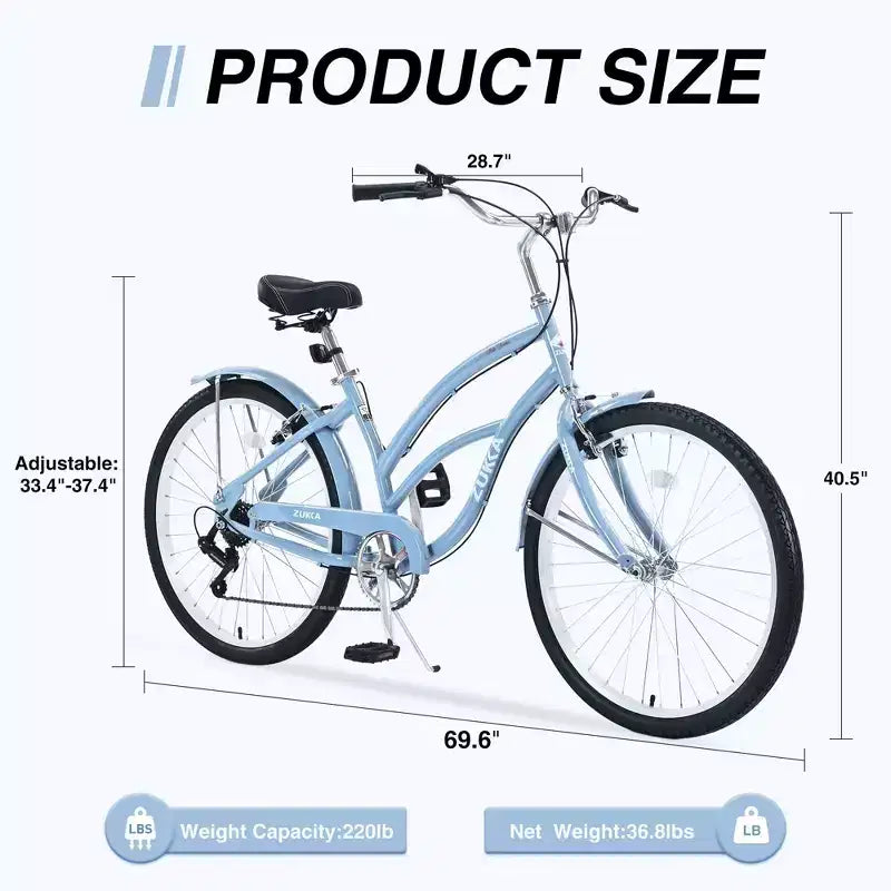 NAYSAYE Bicycle 7 Speed 26 Inch Beach Cruiser Bike Steel Frame for Women for Comfortable Rides, Light Blue, 69.96*28.32*43.2