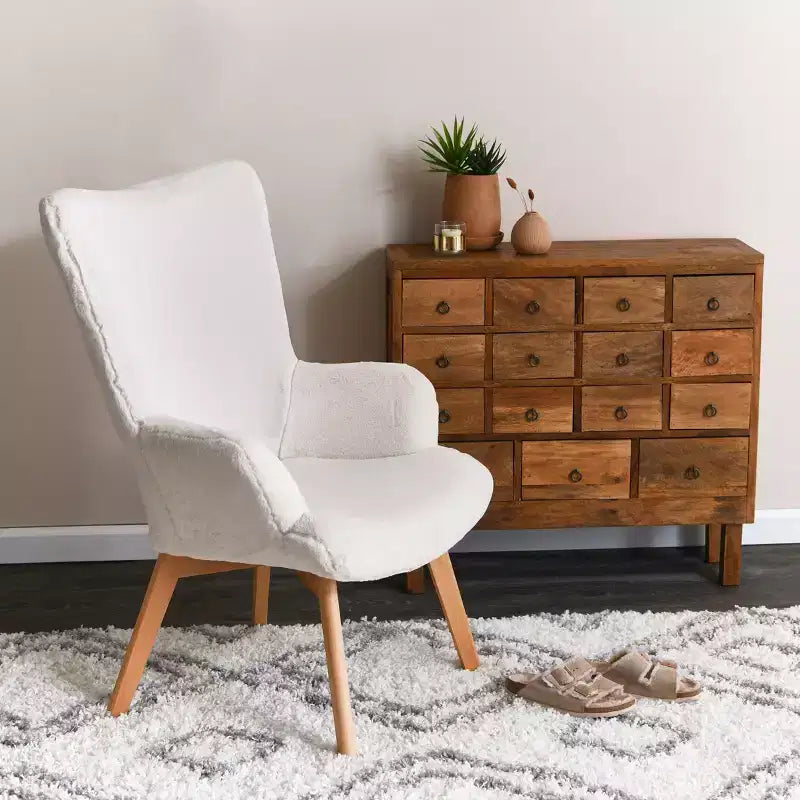 Napster Fuzzy Plush Upholstery Wingback Arm Chair with Solid Wood Legs