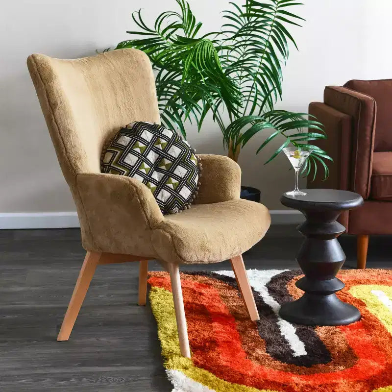 Napster Fuzzy Plush Upholstery Wingback Arm Chair with Solid Wood Legs