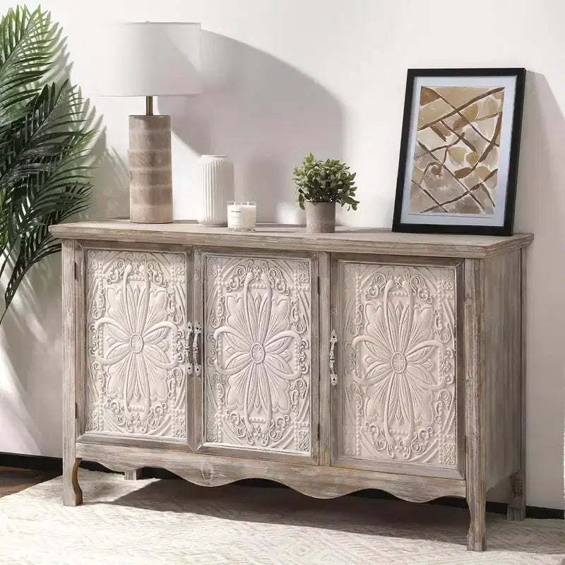 RoyalCraft Farmhouse Sideboard Buffet Cabinet Solid Wood Credenza, 3 Door Storage Console Table for Dining Room Kitchen Entryway, 49 Inch, Wash Gray